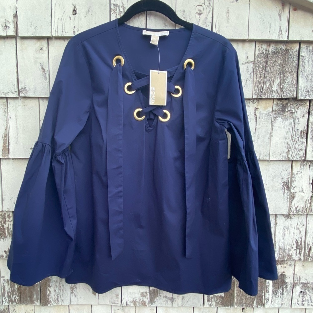 Michael Kors Belt Sleeves Blue and Gold Tunic